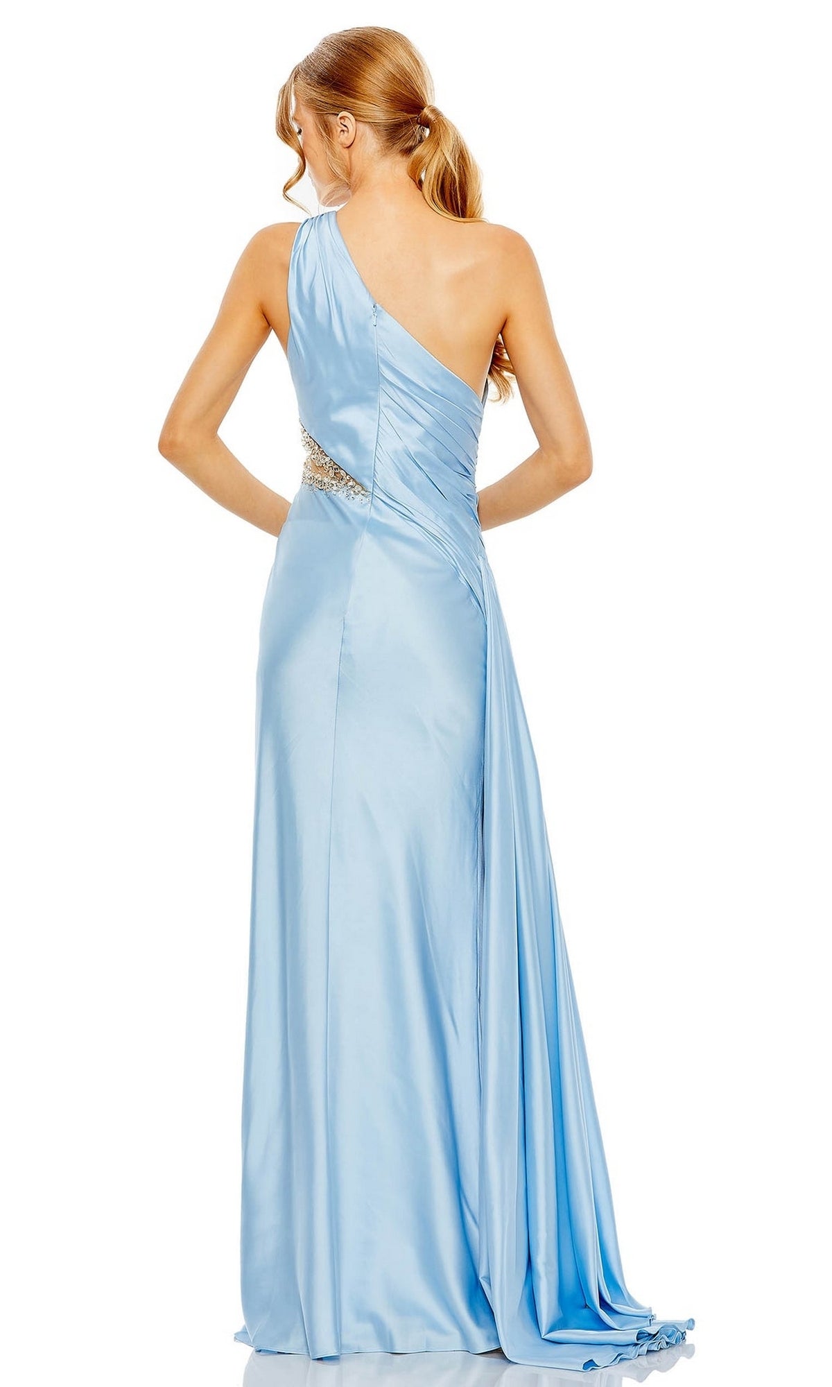 Woman wearing the Cut-Out One-Shoulder Formal Dress: Mac Duggal 2210 in light blue, featuring silver waist embellishment, viewed from the back.